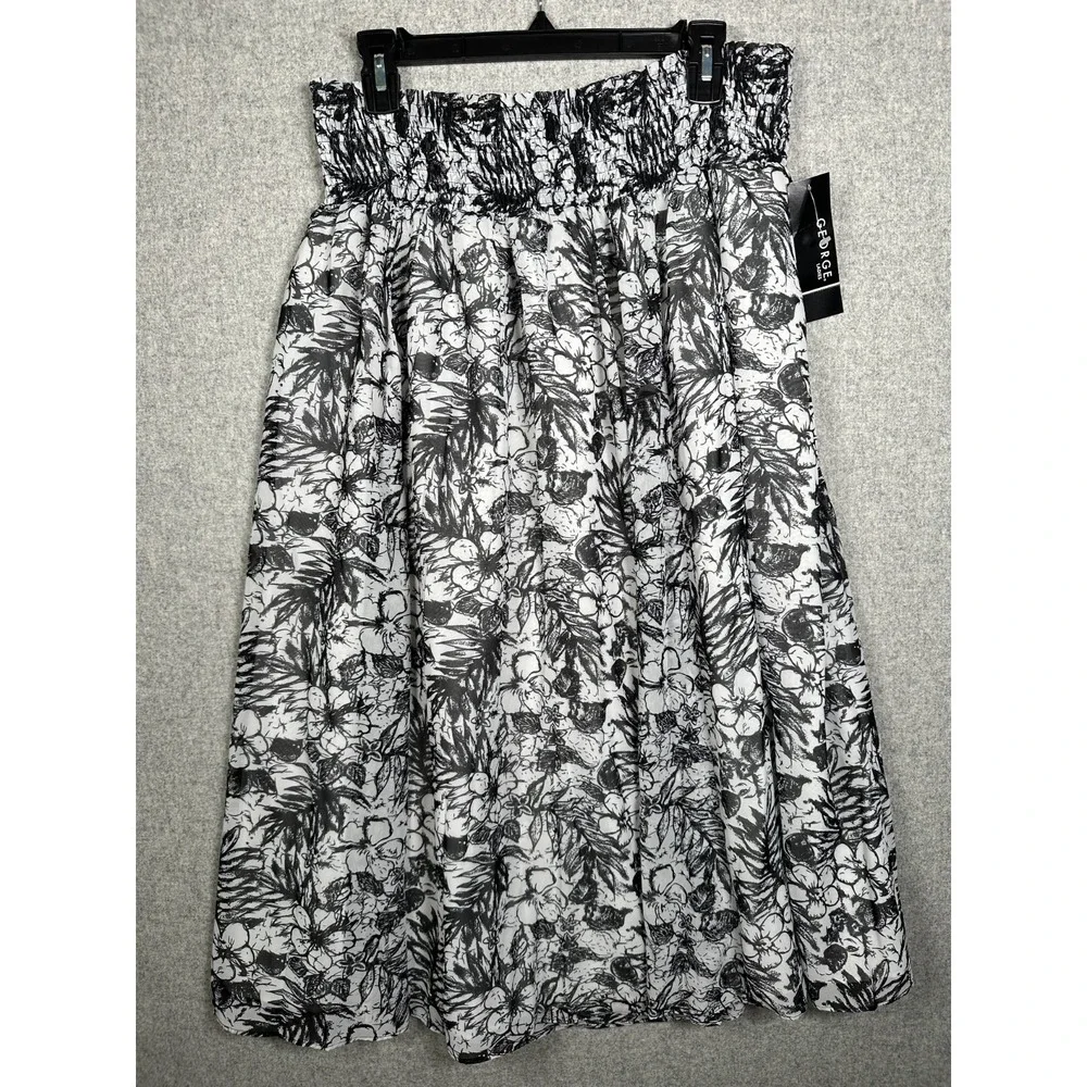 NWT George XL Womens Skirt Floral Black‎ White Elastic Pull On Knee Length